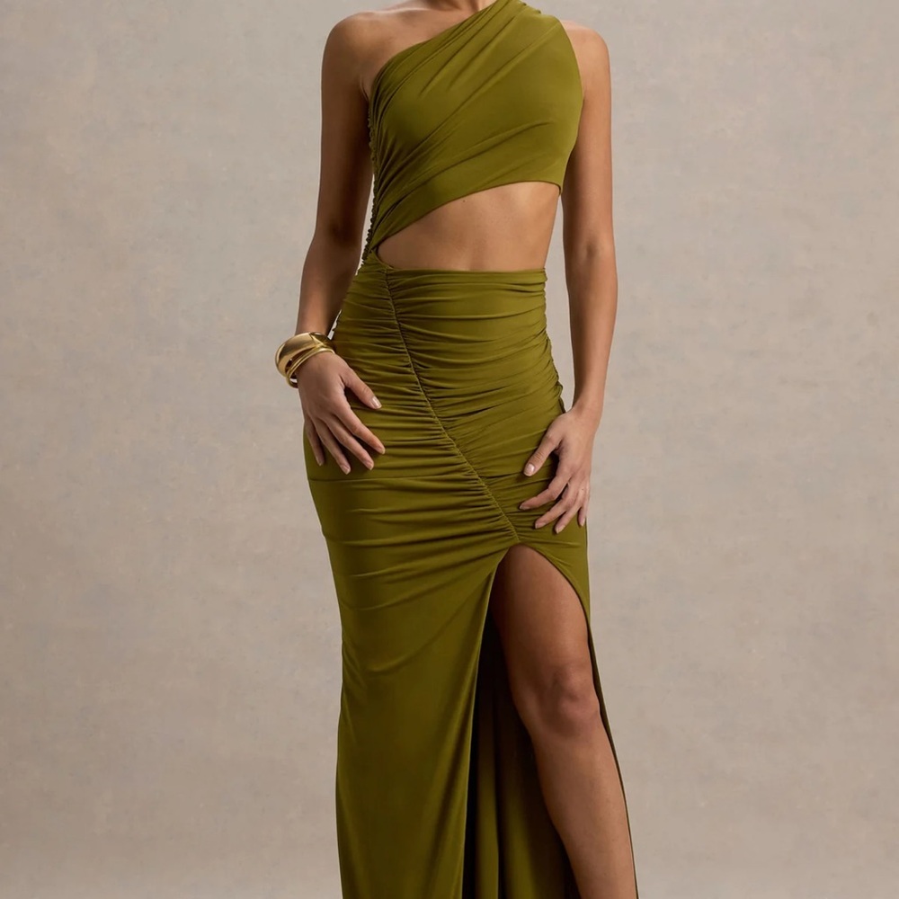 Club L London Olive One Shoulder Sena Asymmetrical Maxi Dress